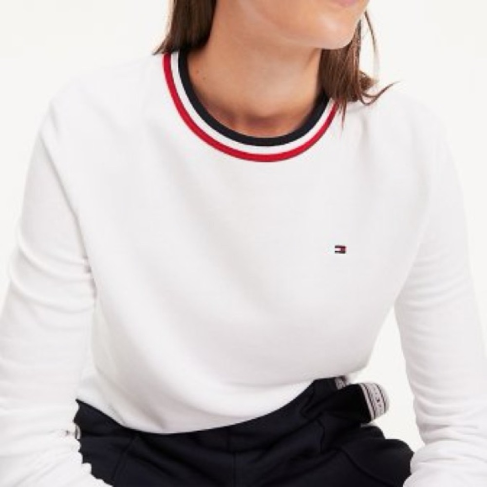 Tommy Hilfiger Thin Off White Cotton Sweater with Striped Collar Size Medium NWT